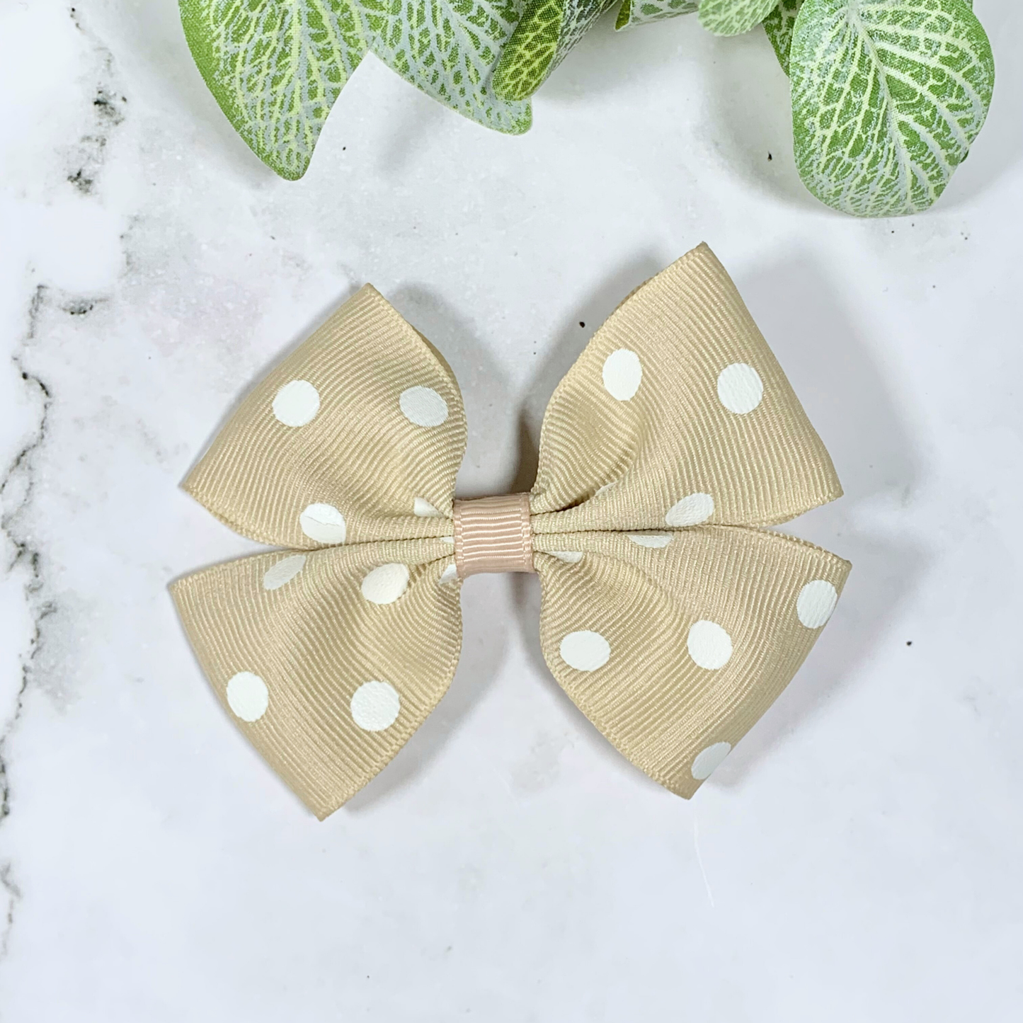 Beige Polka Dot Medium Bow Hair Clip