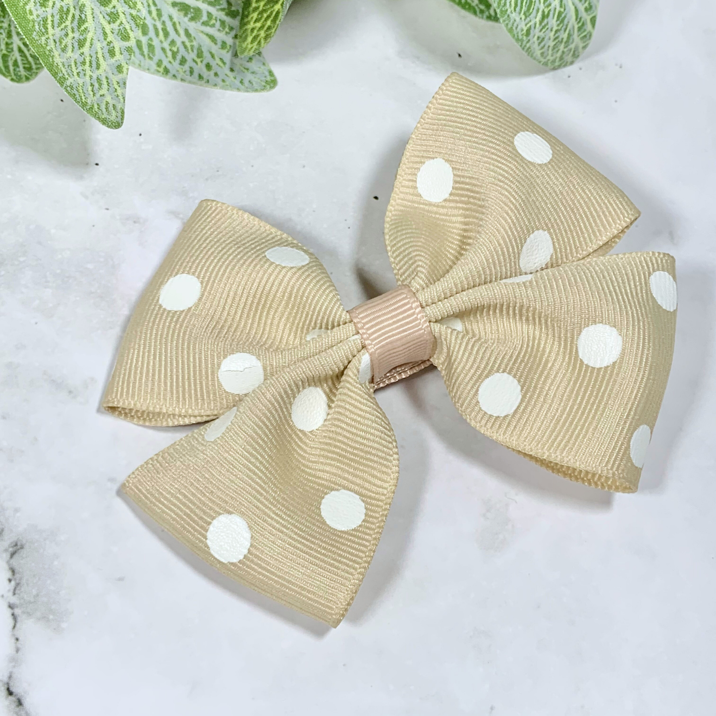 Beige Polka Dot Medium Bow Hair Clip