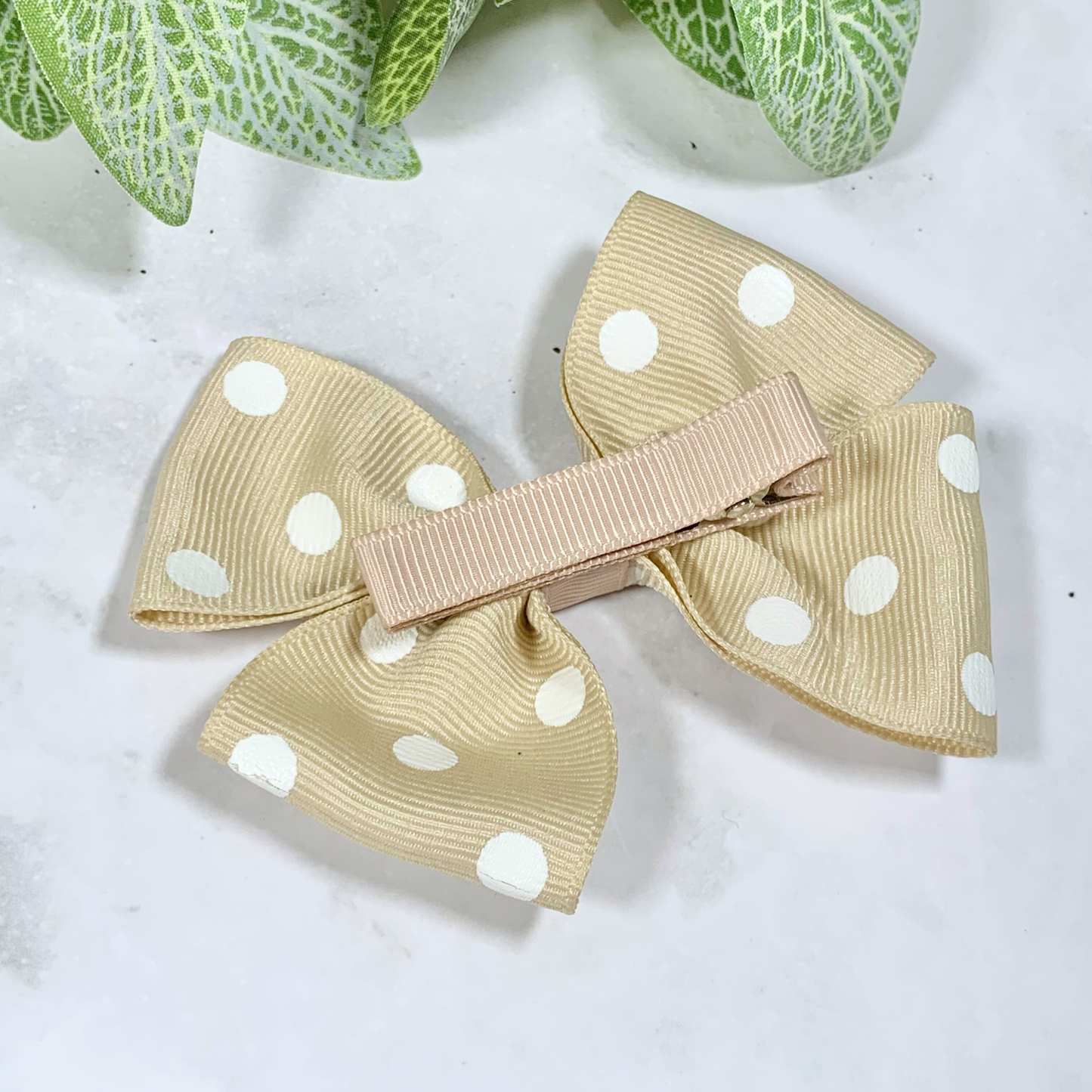 Beige Polka Dot Medium Bow Hair Clip
