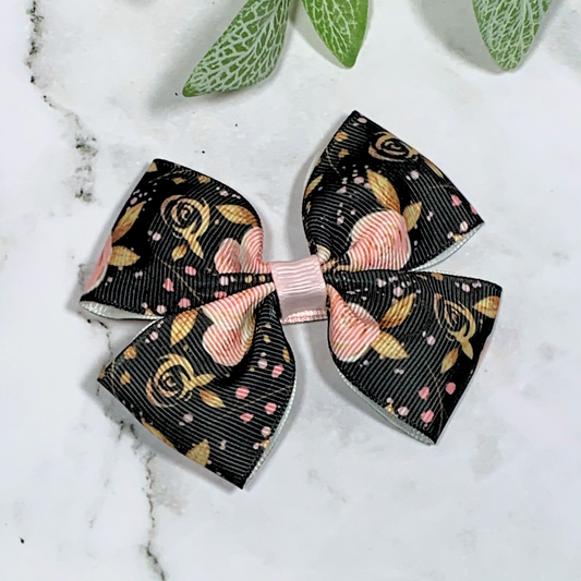 Black Floral Medium Bow Hair Clip