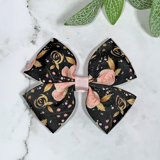 Black Floral Medium Bow Hair Clip