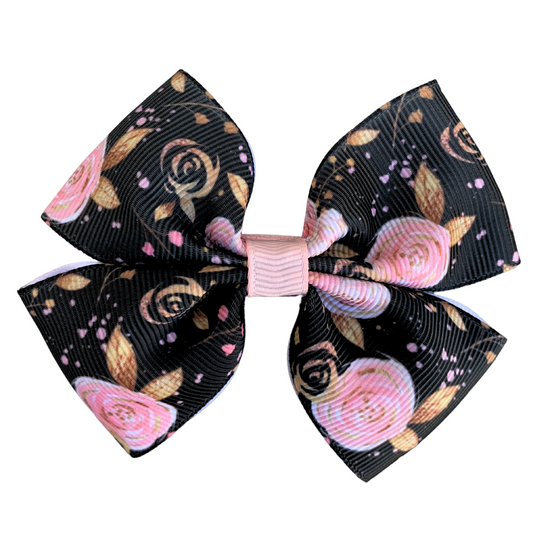 Pink Roses on Black Print Medium Double Bow Hair Clip