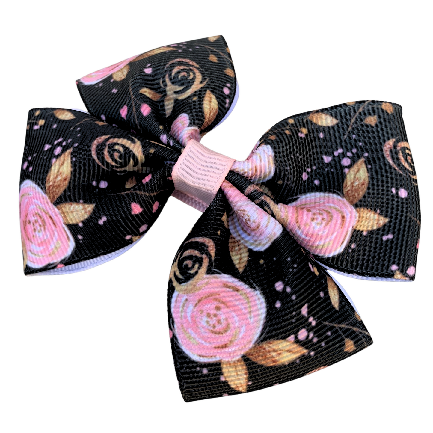 Pink Roses on Black Print Medium Double Bow Hair Clip