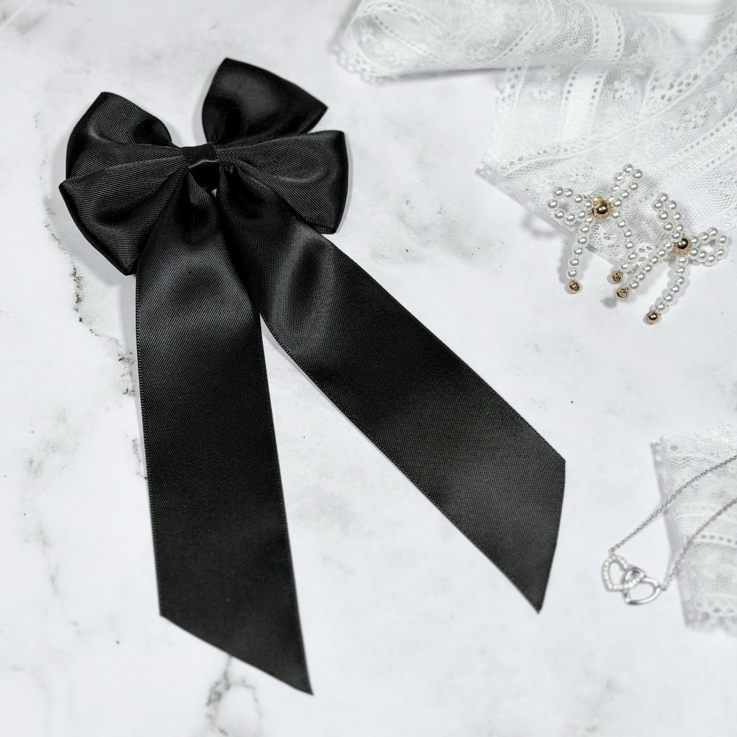 Black Satin Bow with Tails Hair Clip