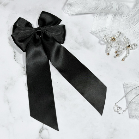 Black Satin Bow with Tails Hair Clip
