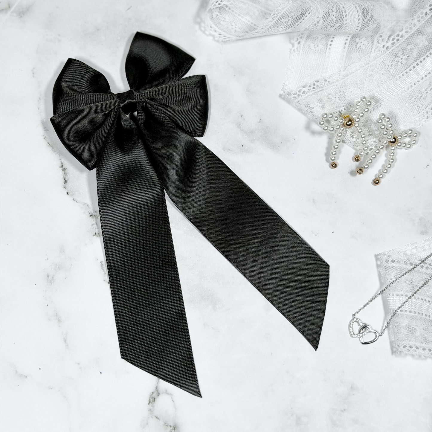 Black Satin Bow with Tails Hair Clip