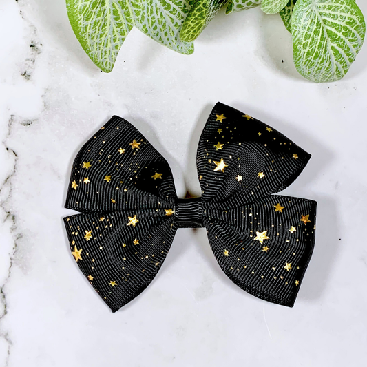Black with Gold Foil Stars Medium Bow Hair Clip