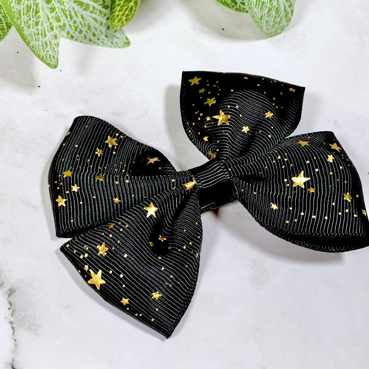 Black with Gold Foil Stars Medium Bow Hair Clip