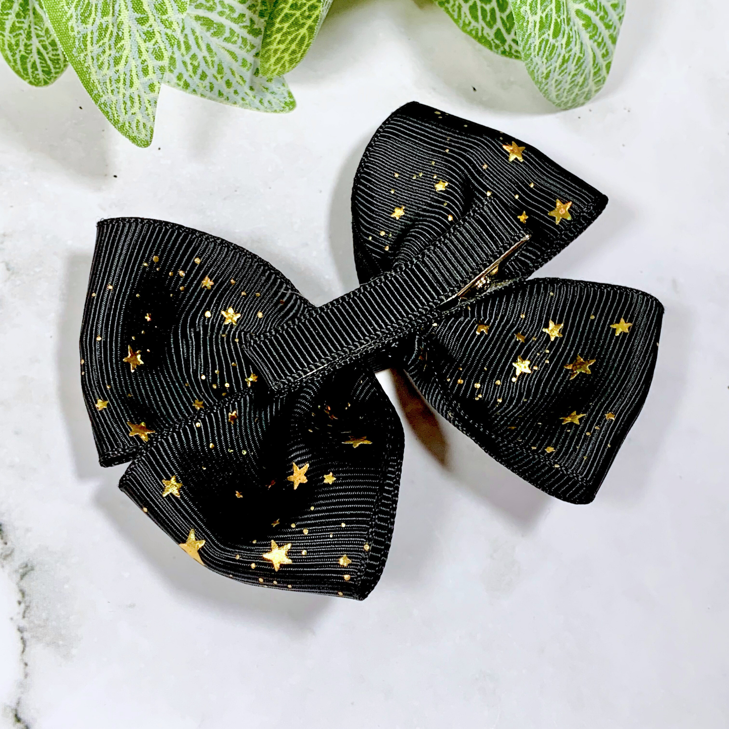 Black with Gold Foil Stars Medium Bow Hair Clip