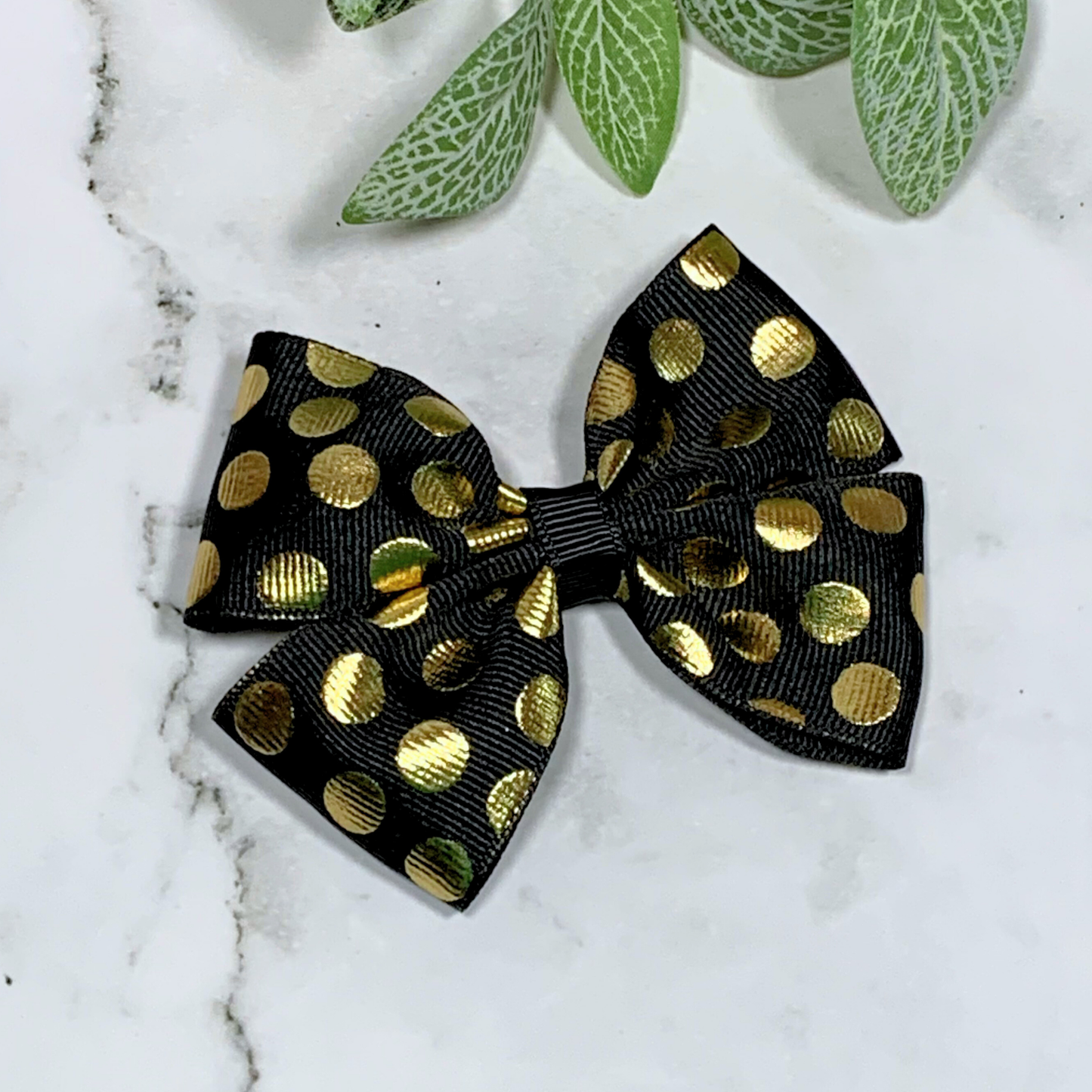Black with Gold Spots Medium Bow Hair Clip