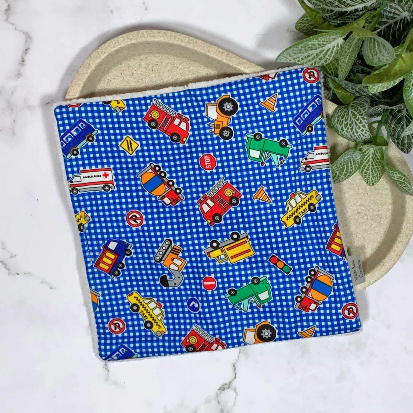 Blue Gingham Vehcles Face Washer