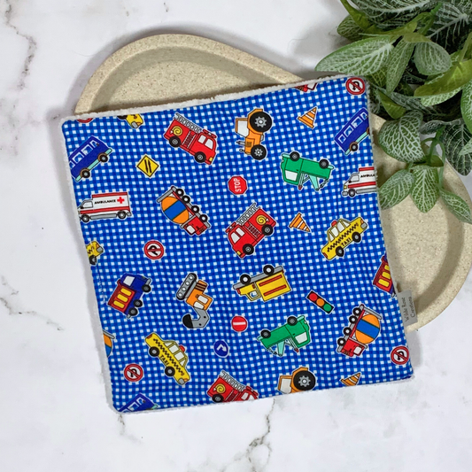 Blue Gingham Vehcles Face Washer