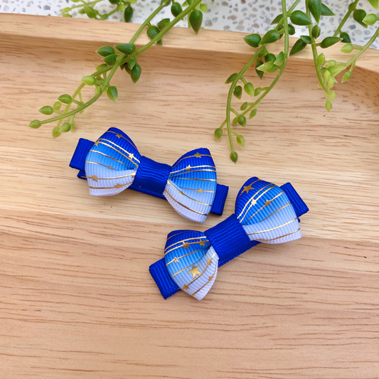 Blue Ombre with Gold Foil Mini Bow Hair Clips