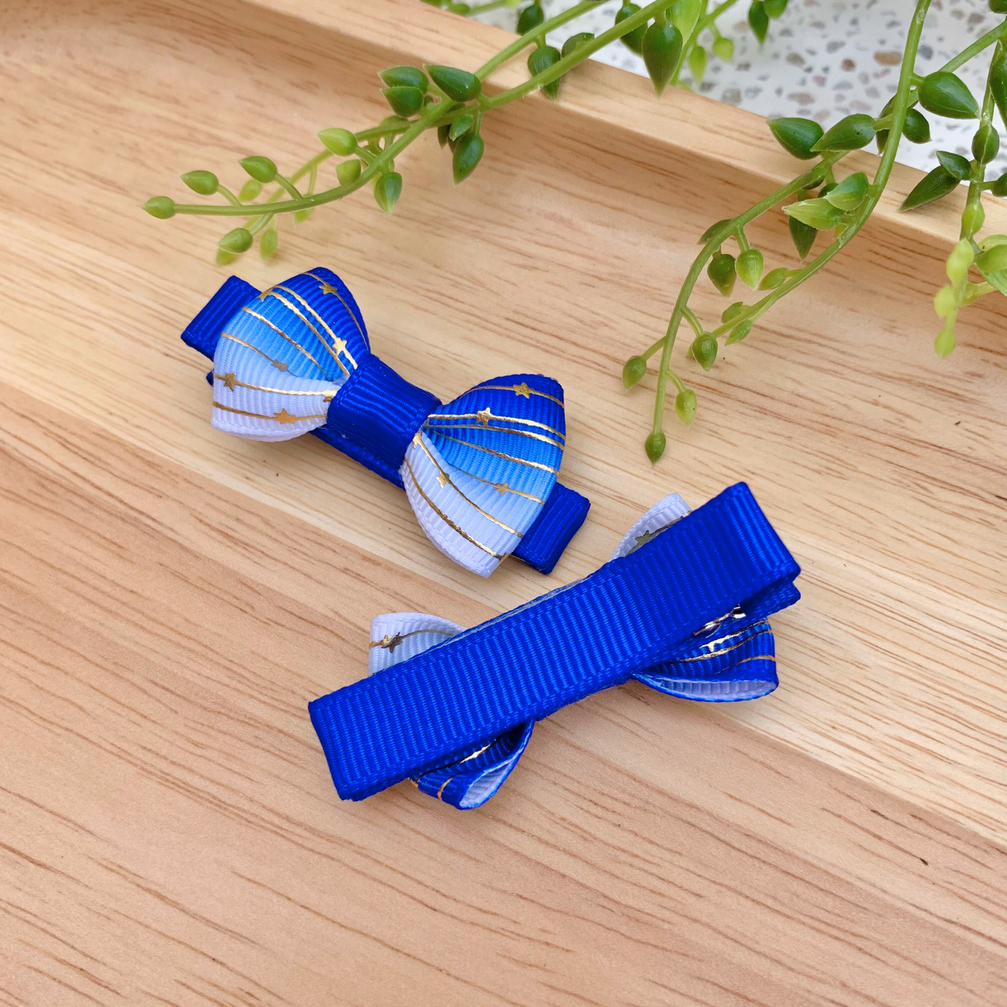 Blue Ombre with Gold Foil Mini Bow Hair Clips