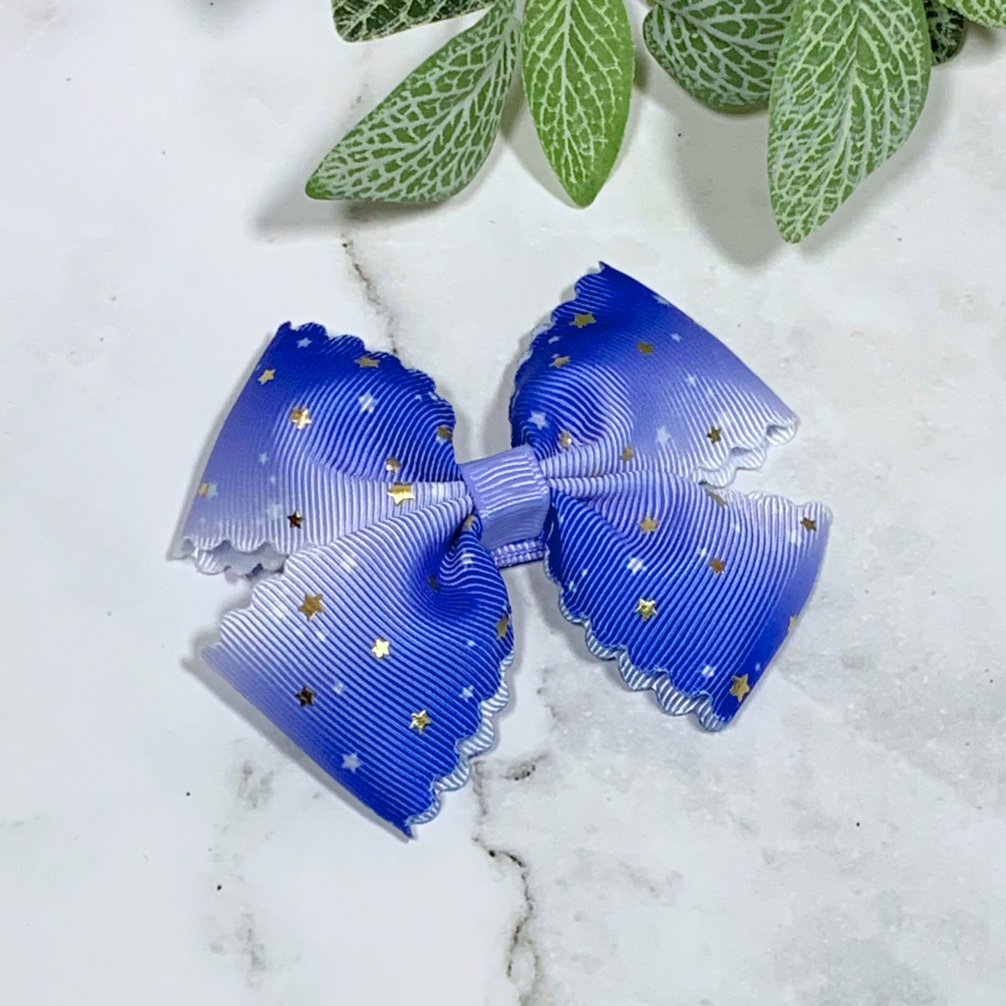 Blue Ombre with Gold Stars Medium Bow Hair Clip