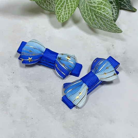 Blue Ombre with Gold Stars Mini Bow Hair Clips