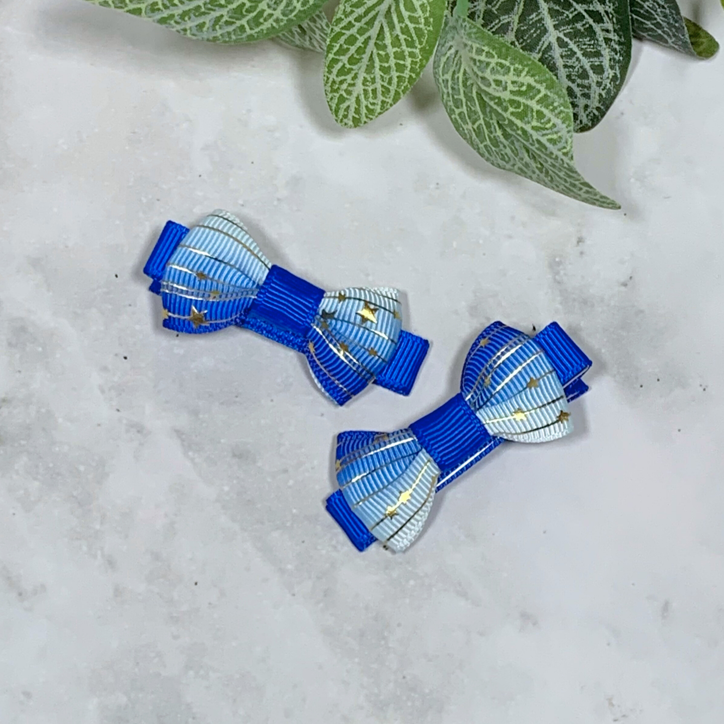 Blue Ombre with Gold Stars Mini Bow Hair Clips