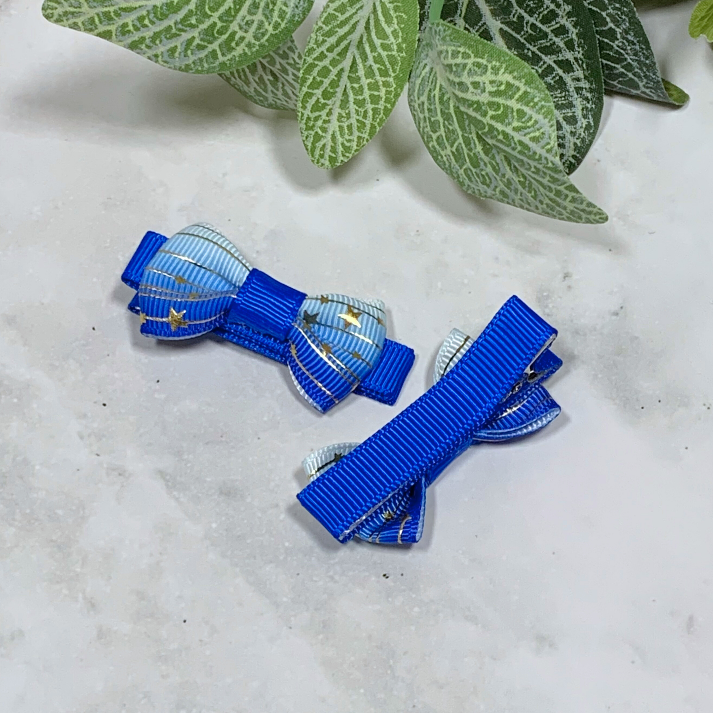 Blue Ombre with Gold Stars Mini Bow Hair Clips