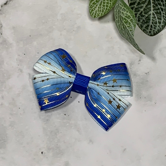 Blue Ombre with Gold Stars Small Bow Hair Clip