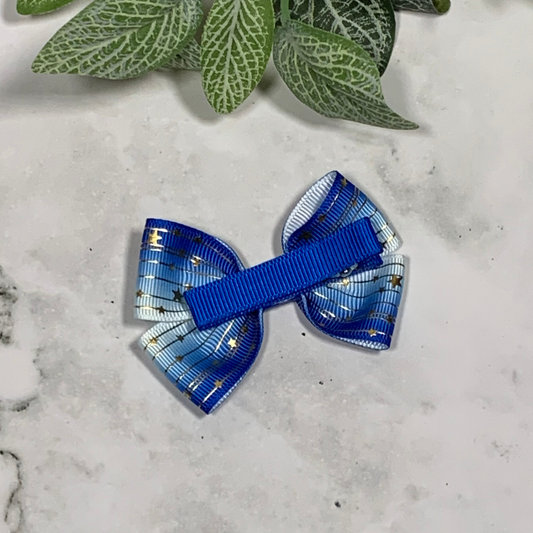 Blue Ombre with Gold Stars Small Bow Hair Clip