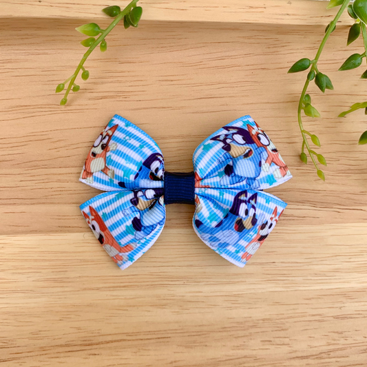 Blue Stripe Dog Double Bow Hair Clip