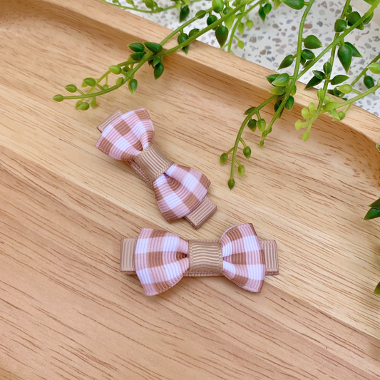 Brown Check Mini Bow Hair Clips