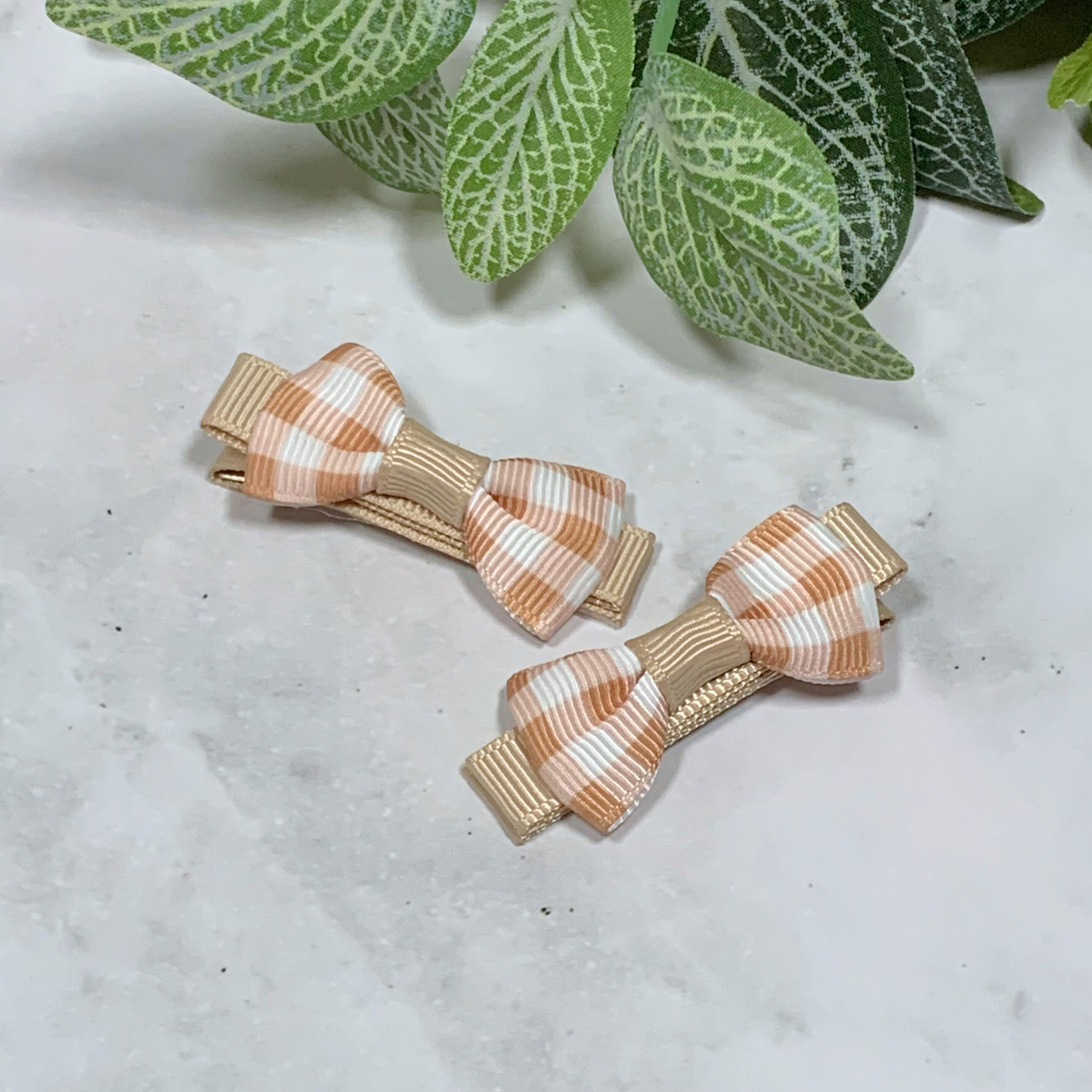 Brown Gingham Mini Bow Hair Clips - set of 2