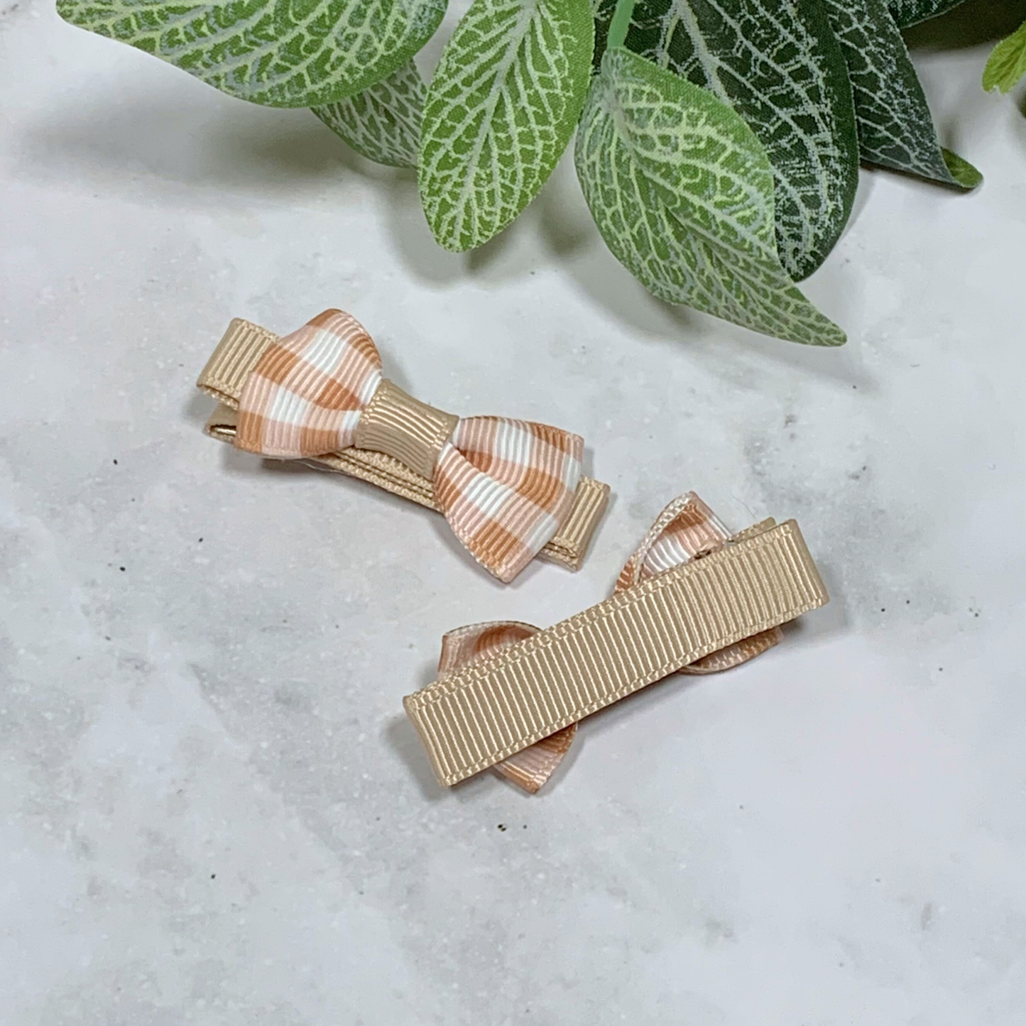 Brown Gingham Mini Bow Hair Clips - set of 2