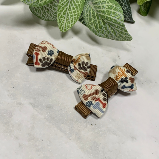 Brown Paws & Bones Mini Bow Hair Clips - set of 2