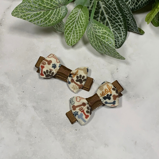 Brown Paws & Bones Mini Bow Hair Clips - set of 2