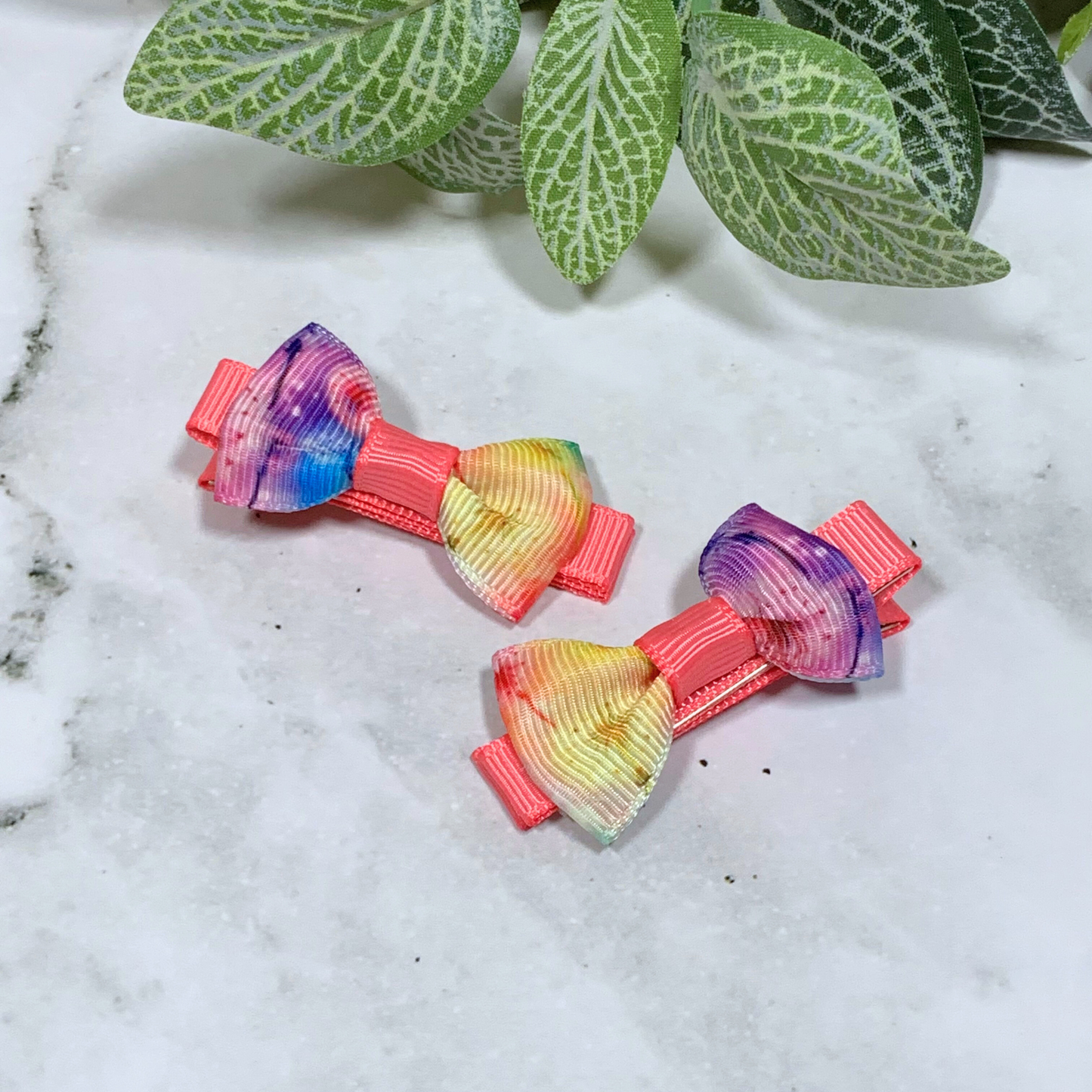 Coral Dandelion Mini Bow Hair Clips - set of 2