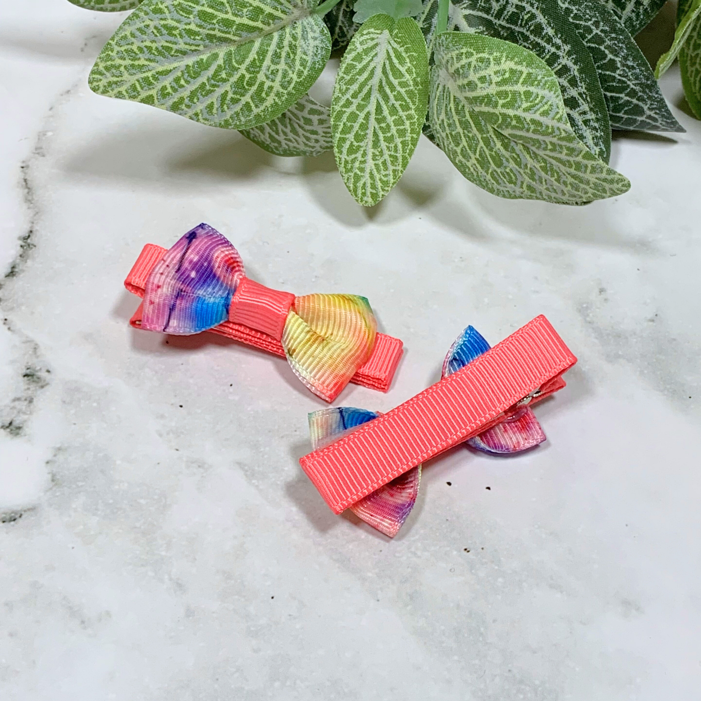 Coral Dandelion Mini Bow Hair Clips - set of 2