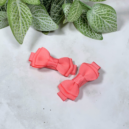 Coral Rose Mini Layered Bow Hair Clips - set of 2