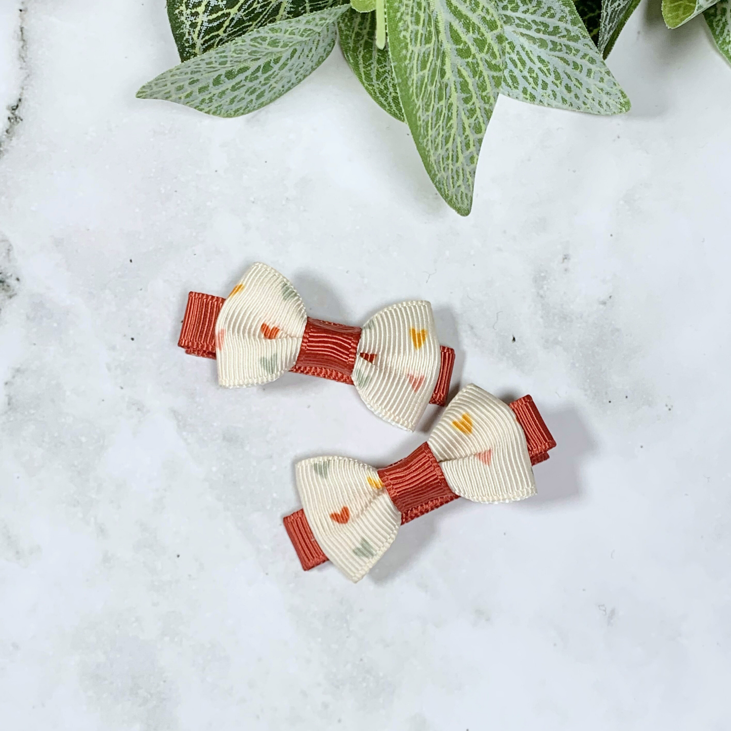 Cream Hearts Mini Bow Hair Clips - set of 2