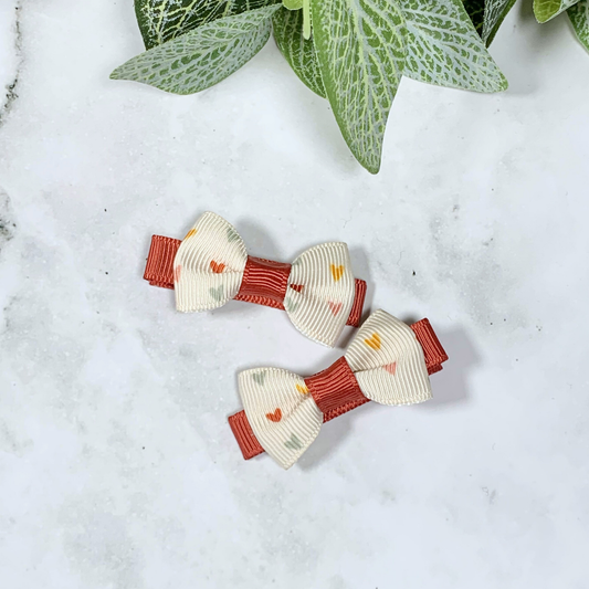 Cream Hearts Mini Bow Hair Clips - set of 2