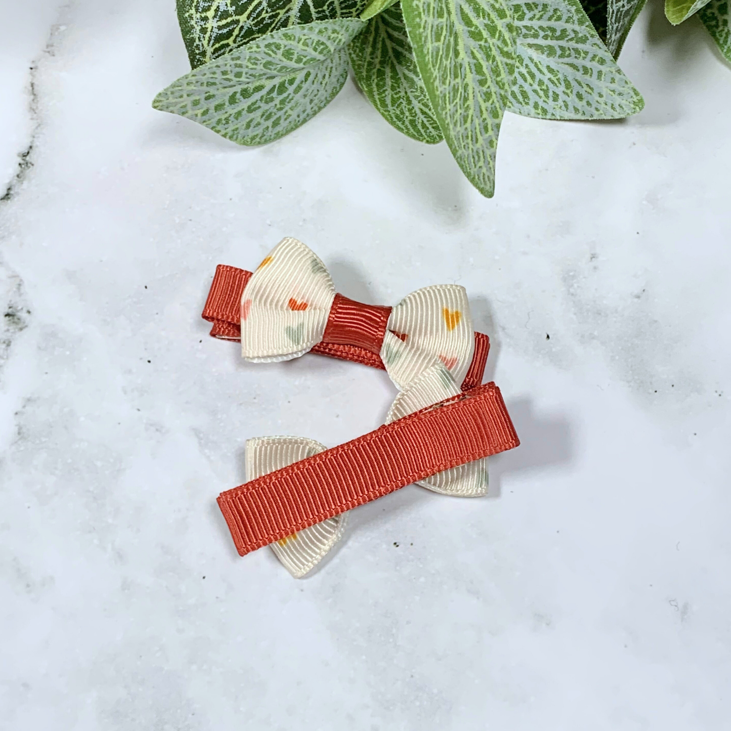 Cream Hearts Mini Bow Hair Clips - set of 2