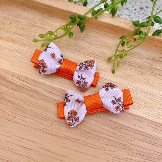 Cream & Orange Floral Mini Bow Hair Clips