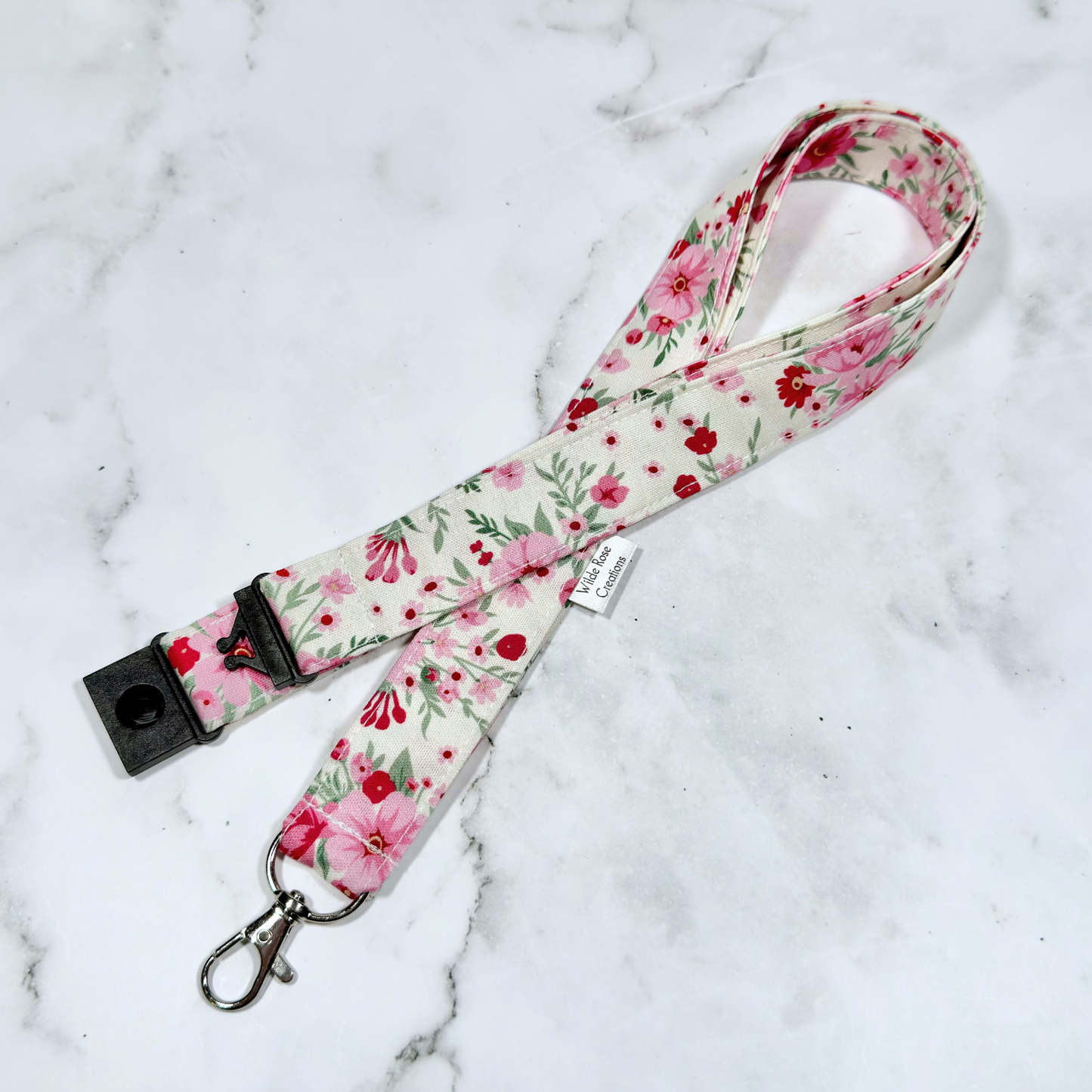 Cream & Pink Floral Lanyard with Breakaway Clasp