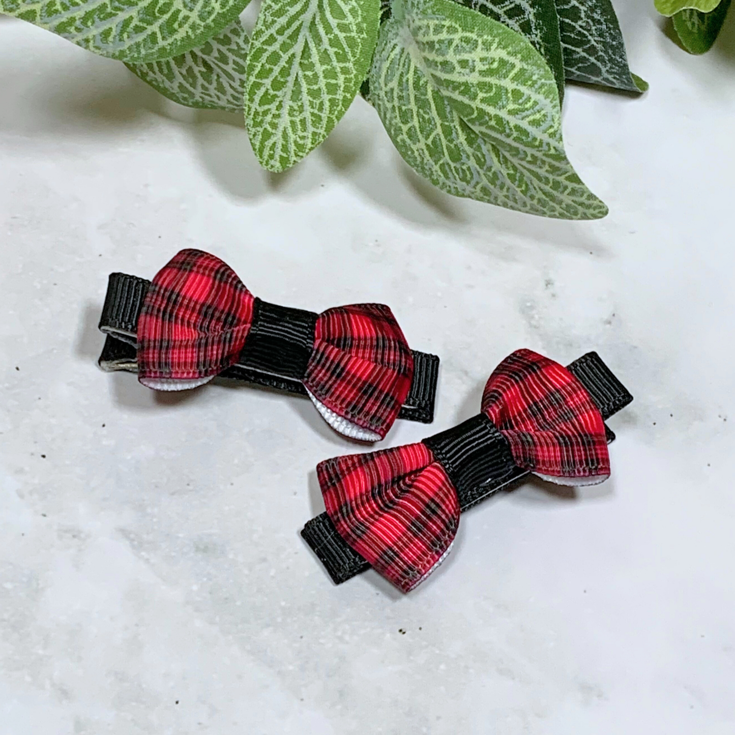 Dark Pink Plaid Mini Bow Hair Clips - set of 2