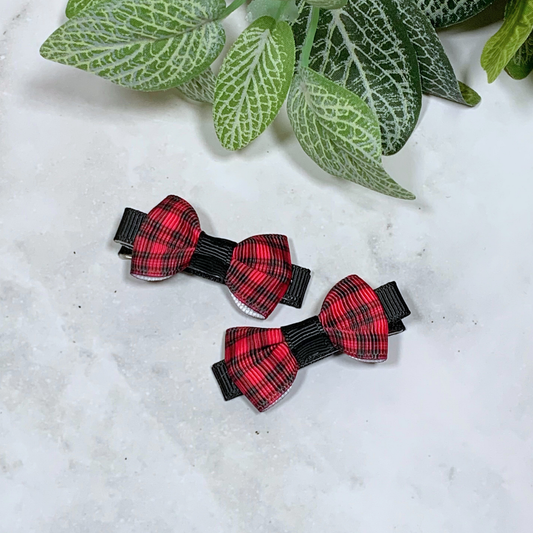 Dark Pink Plaid Mini Bow Hair Clips - set of 2