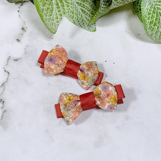 Earthy Floral Mini Bow Hair Clips - set of 2