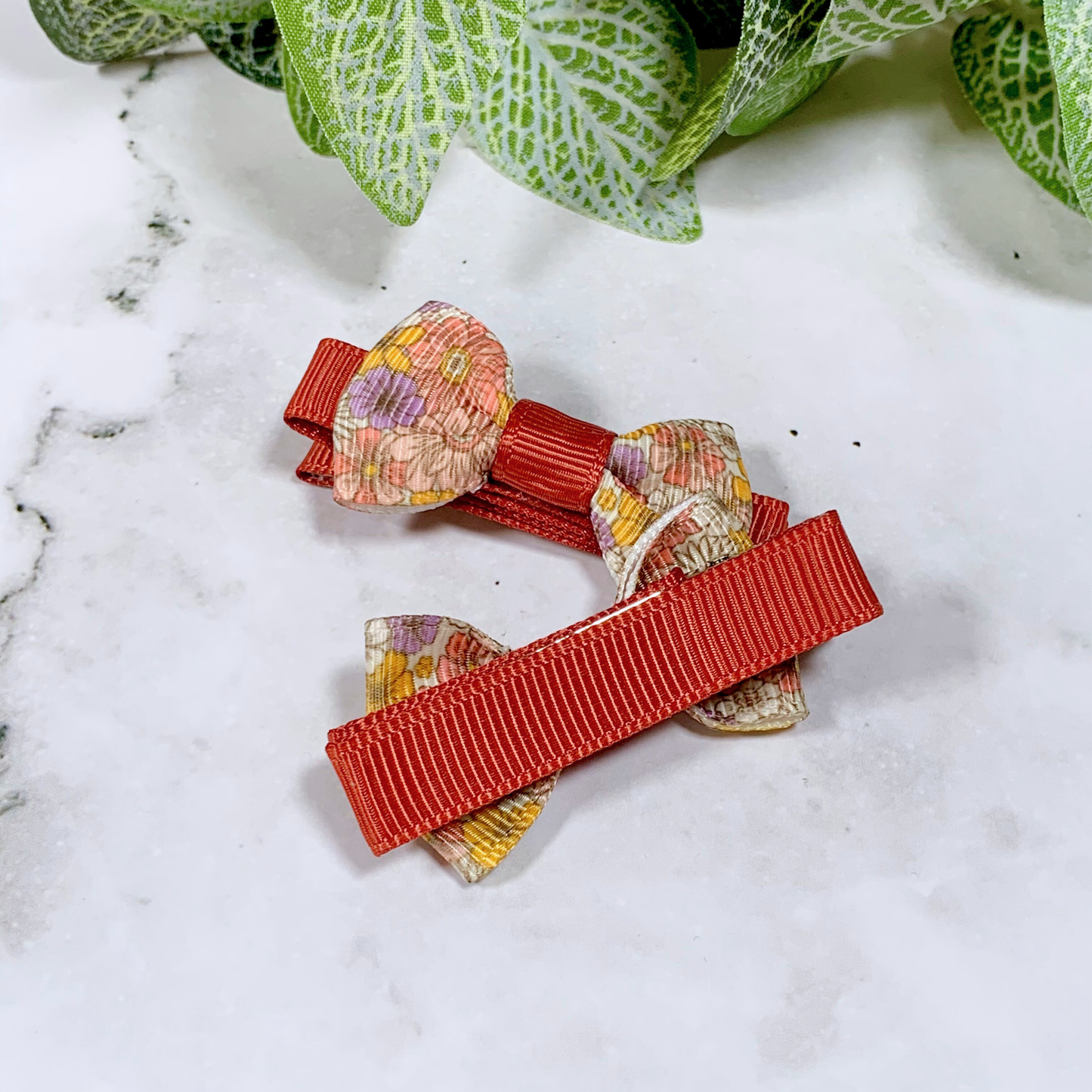 Earthy Floral Mini Bow Hair Clips - set of 2
