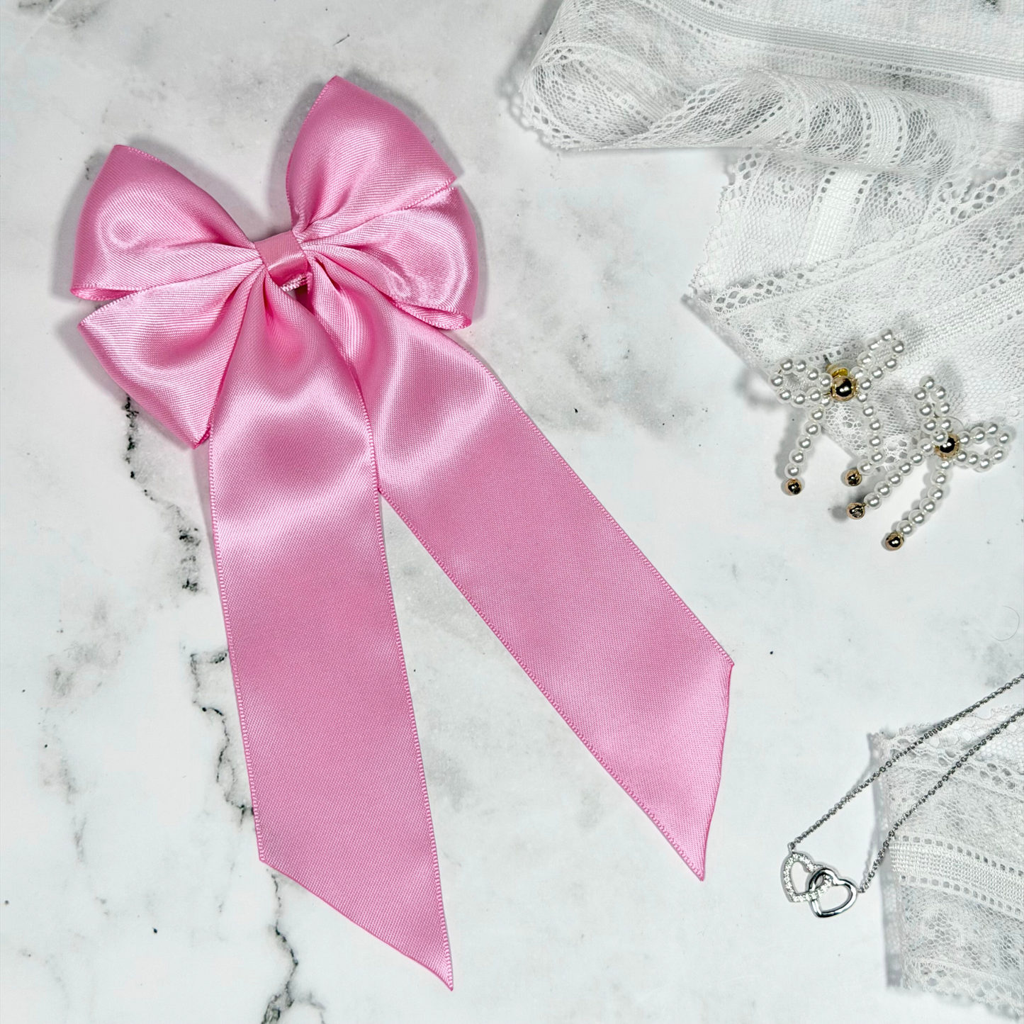 Geranium Pink Satin Bow with Tails Hair Clip