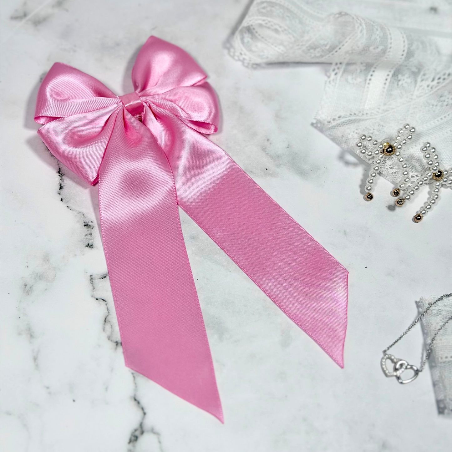 Geranium Pink Satin Bow with Tails Hair Clip