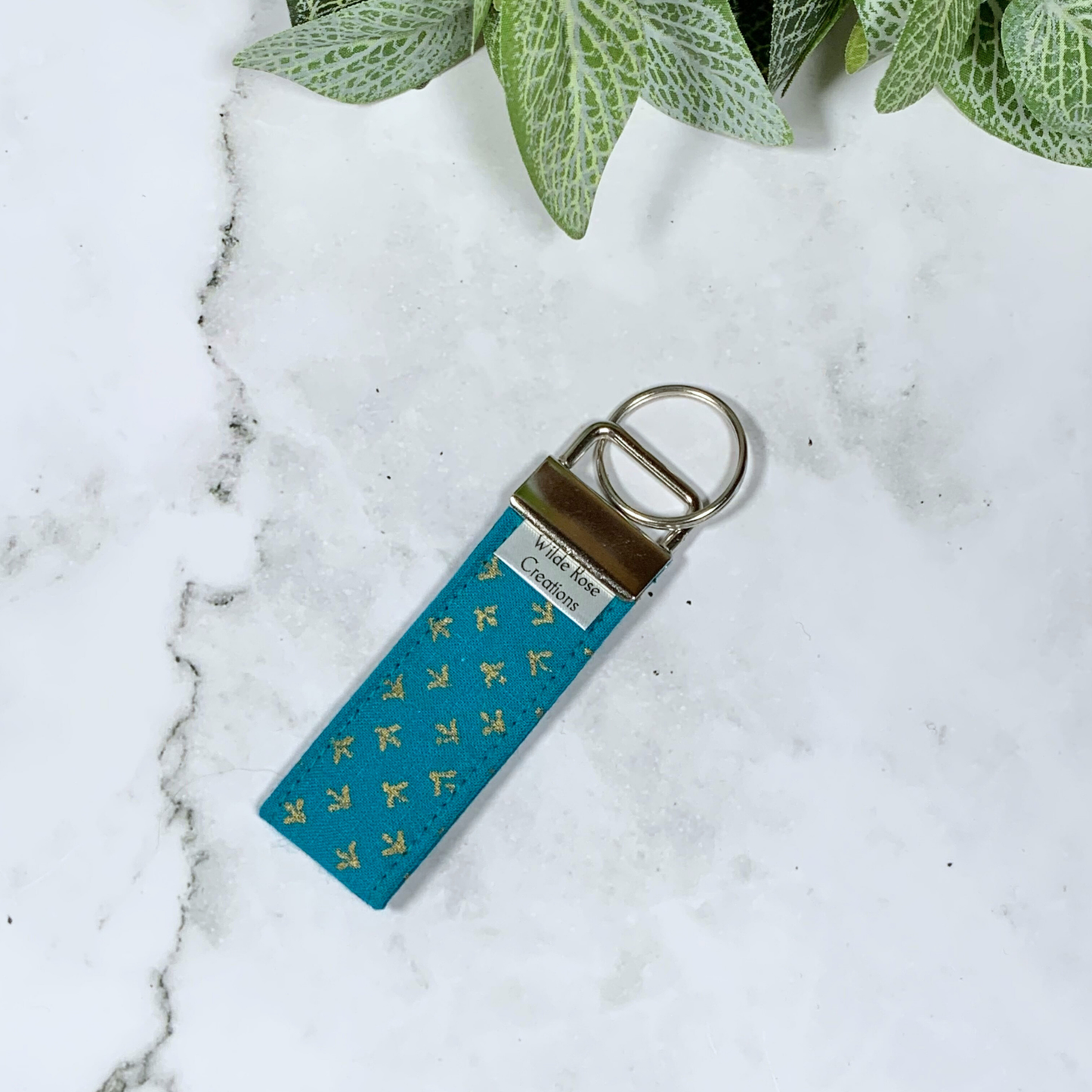 Gold Foil on Teal Fabric Keyring
