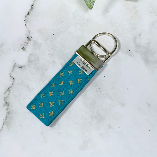 Gold Foil on Teal Fabric Keyring