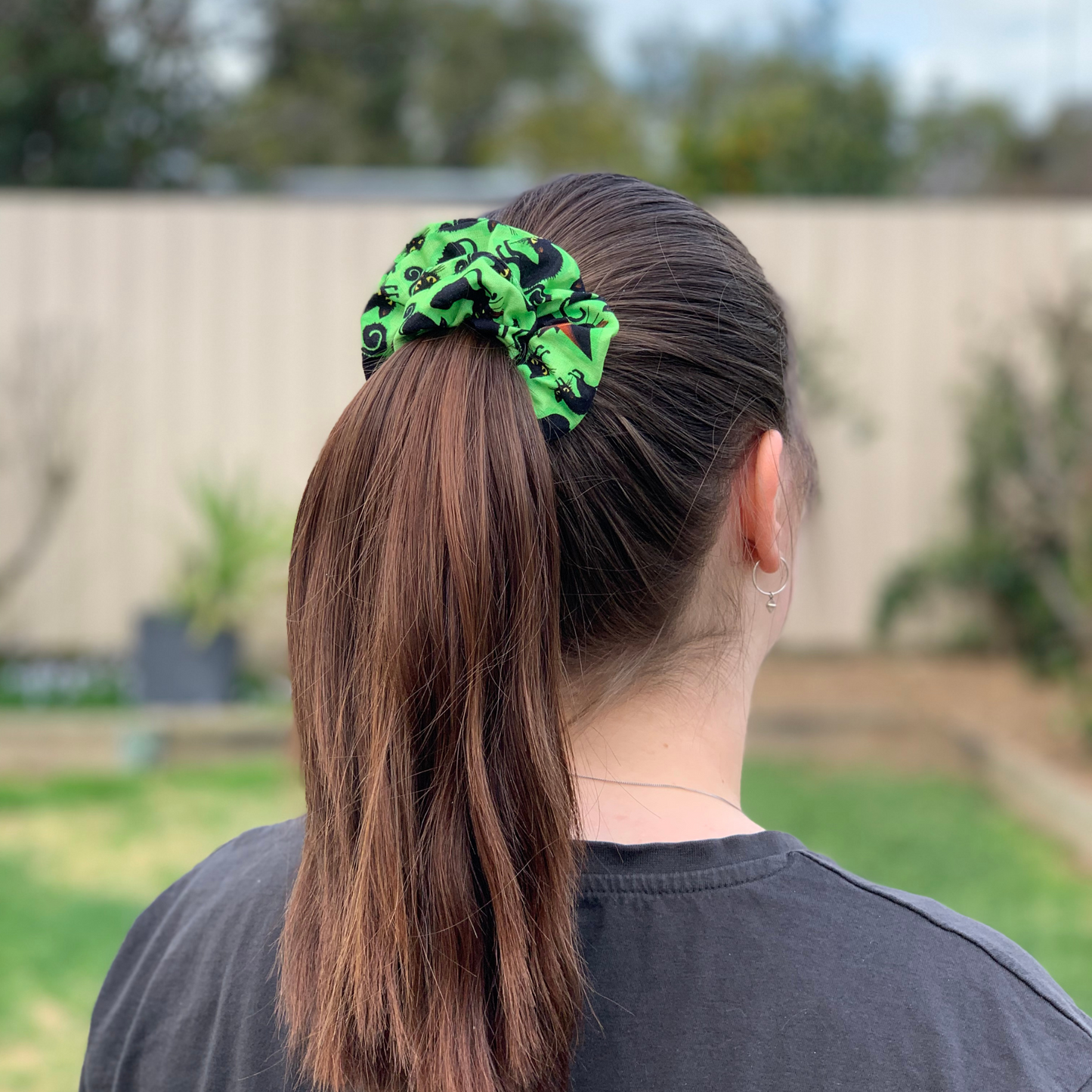 Black Cats on Bright Green Scrunchie