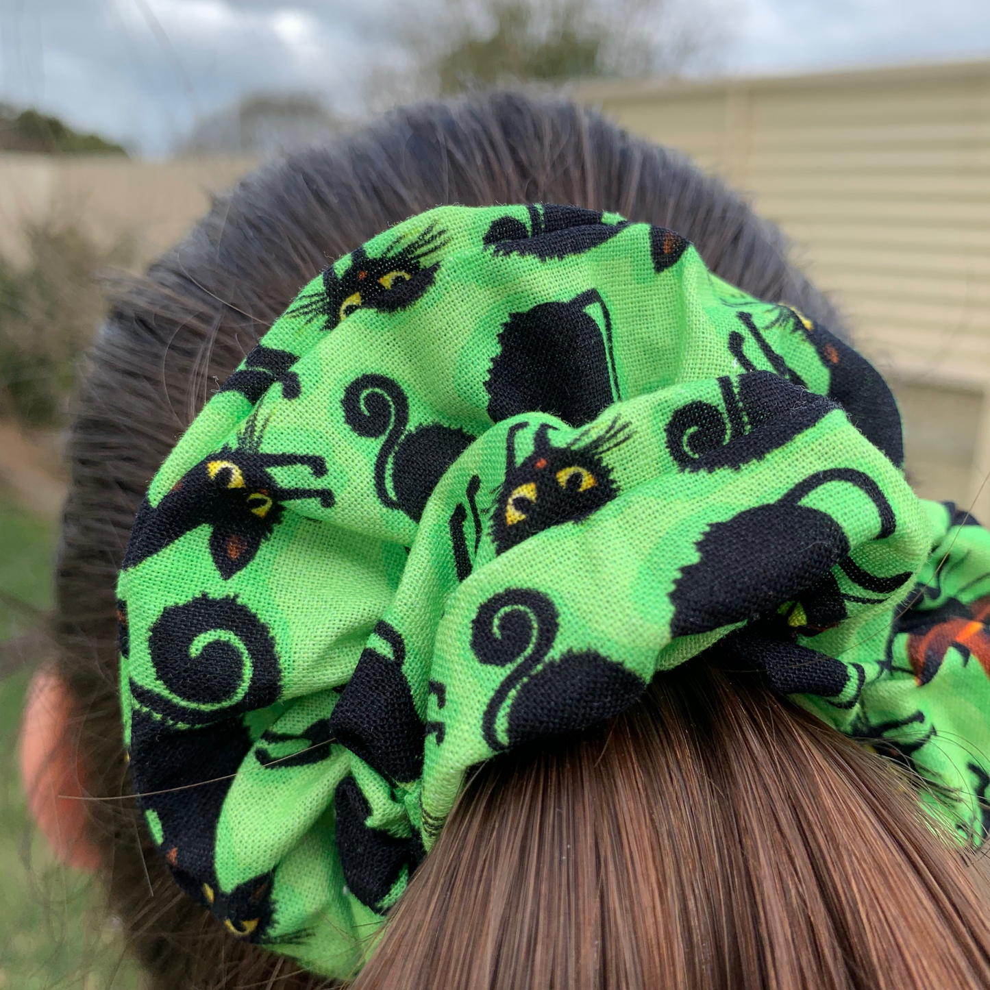 Black Cats on Bright Green Scrunchie