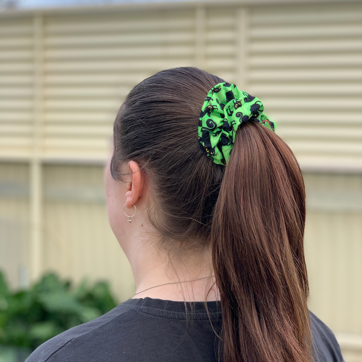 Black Cats on Bright Green Scrunchie