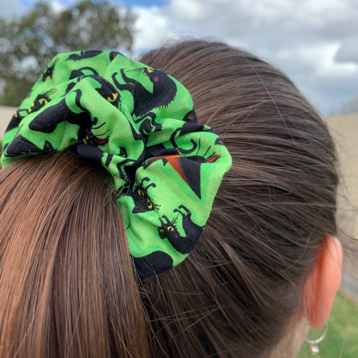 Black Cats on Bright Green Scrunchie